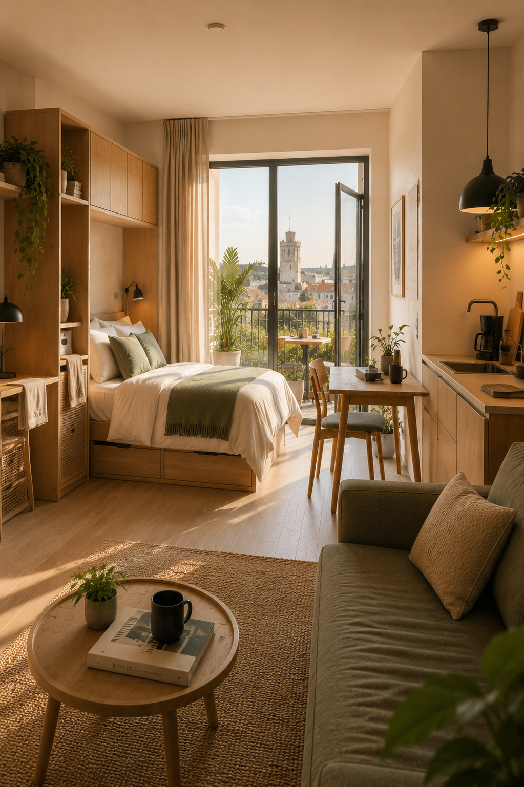 Studio DWELLER meublé — espace nuit, bureau intégré et cuisine, prêt à l'arrivée